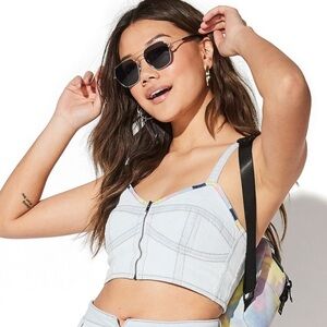 Vylette Juniors Denim Bralette Crop Top Size L NWT Embroidered Stretch